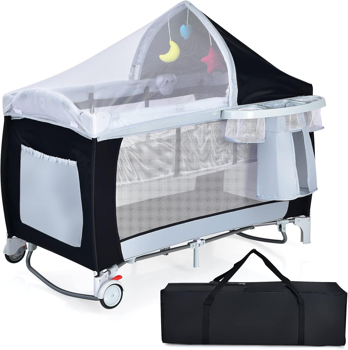 Lit, 120 × 60 × 72 cm, Parc pour Bébé avec Matelas, COSTWAY, 0-36 Mois, Noir, Moustiquaire, Entrée Latérale, Sac à Jouets
