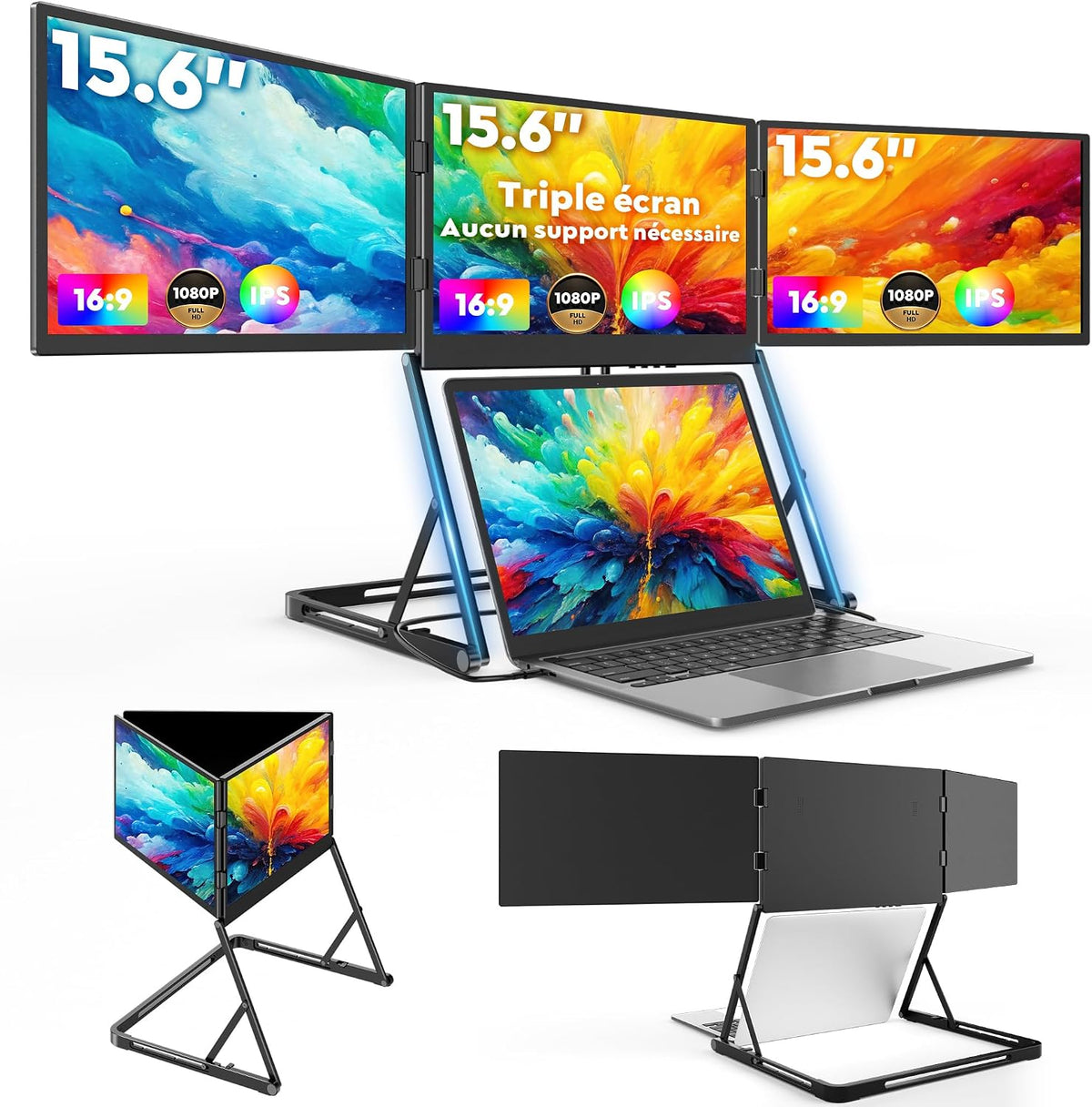 HONGO Moniteur PC, 15, 6 Pouces, HDMI Écran Portatif USB C avec Adaptateur&Support Pliage 360°, 414 × 315 × 27 mm, 1 pouce, 1080P