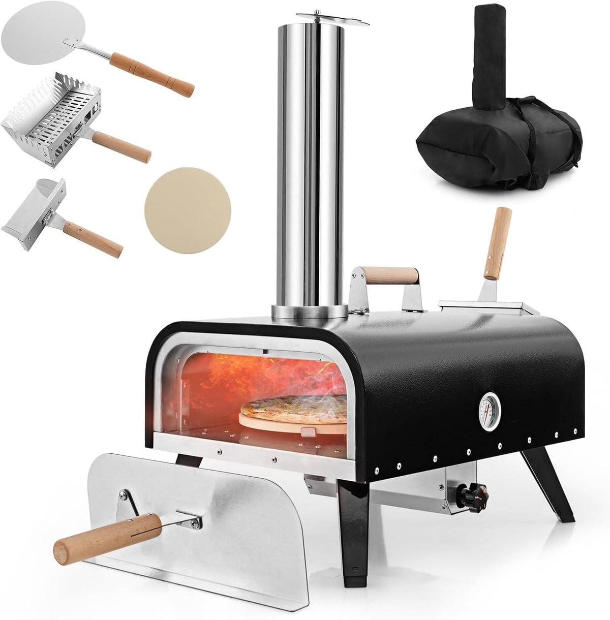 GYMAX Four à pizza, pliable, acier inoxydable, 1, 8 L, 30 cm, 350°C, 400°C, Température Max 350°C~400°C, réglable