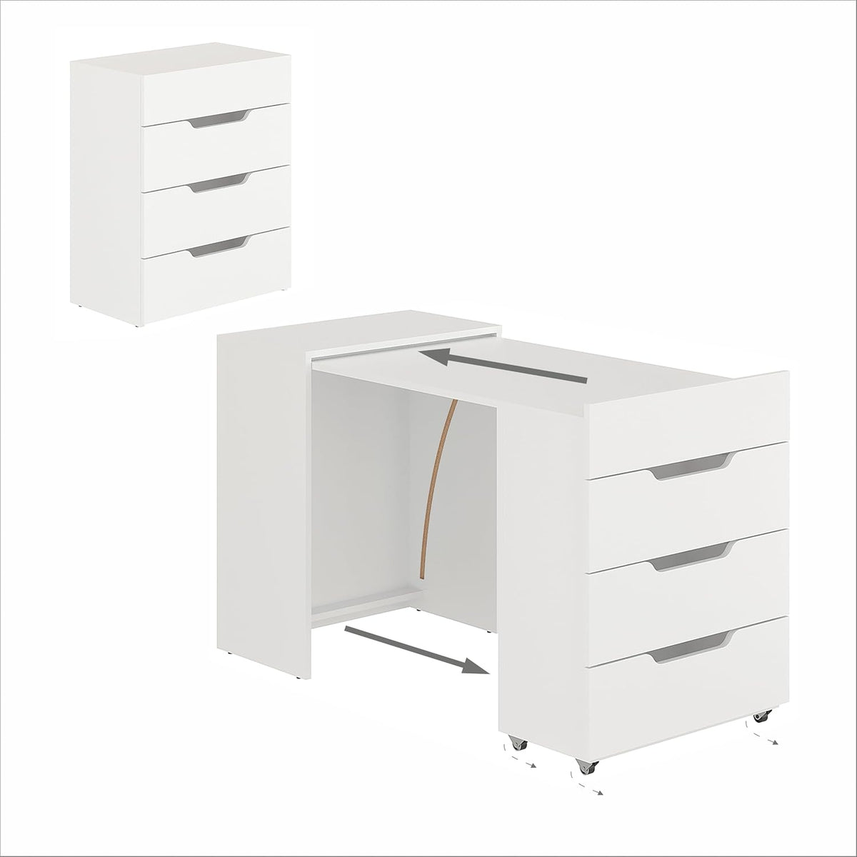 Komto Bureau, Meuble de Travail Gain de Place pour Petit Espace, 128 × 60 × 75 cm, pliable, 60 × 36, 7 × 75 cm, 3 Tiroirs