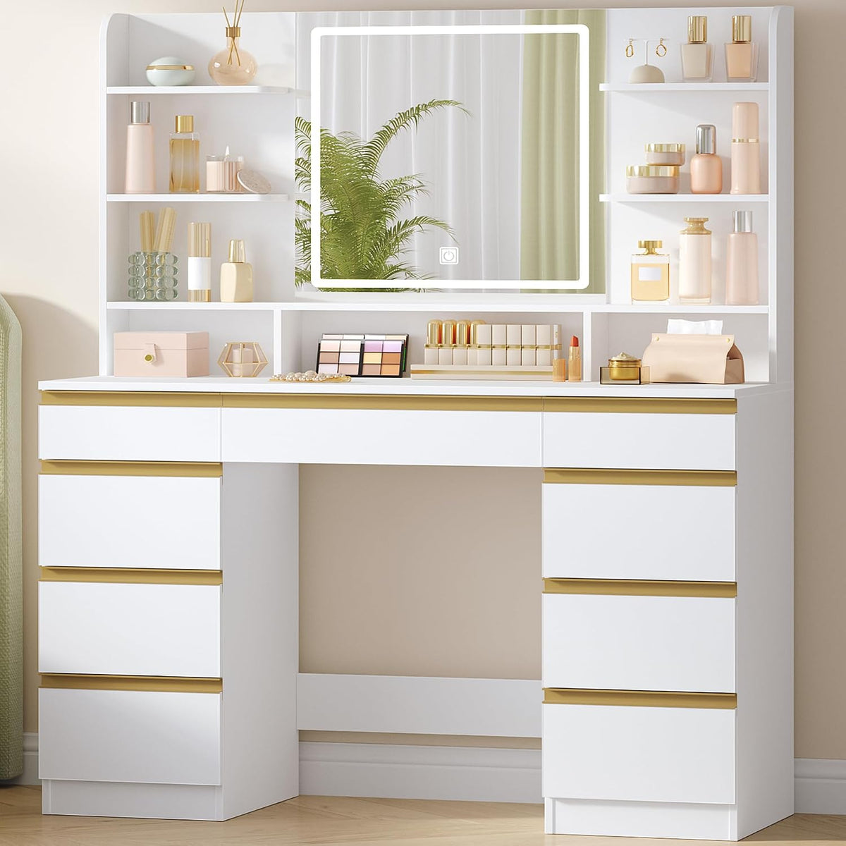 Coiffeuse Hzuaneri, éclairage LED, réglable, Blanc-Or