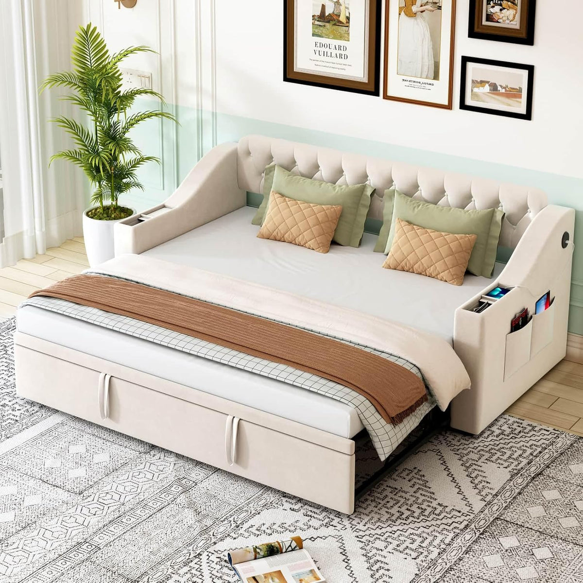 Canapé PUGSDRLY 180x190cm, 90 × 190 cm, Tissu Velours, sans Matelas, 180 × 190 cm, 180 × 190cm, sommier à Lattes, Beige
