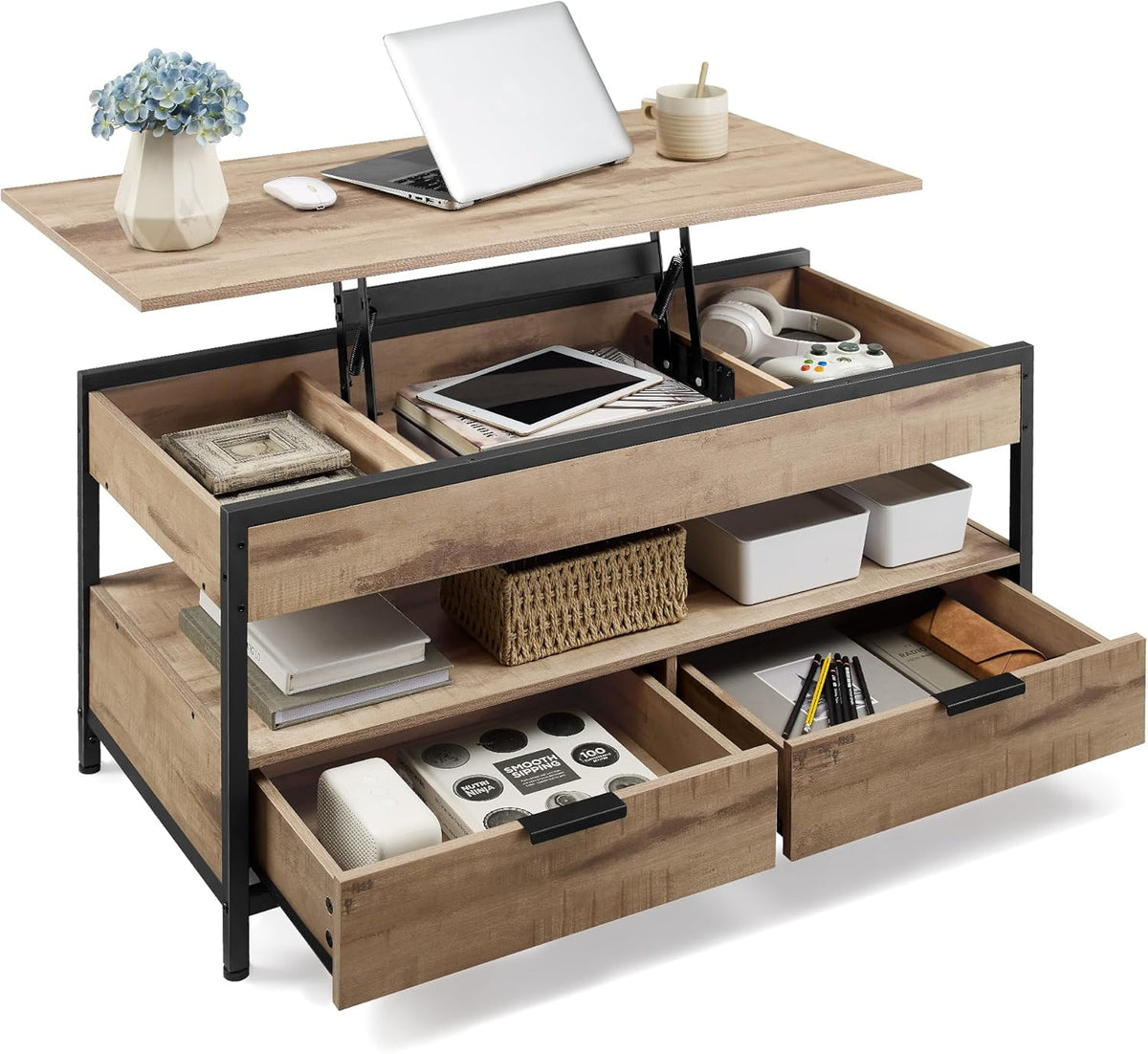 Table basse, 48 cm, Table de Salon avec Plateau Relevable, VASAGLE, 63 cm, Marron Camel et Noir d'encre LCT209K02, 2 tiroirs