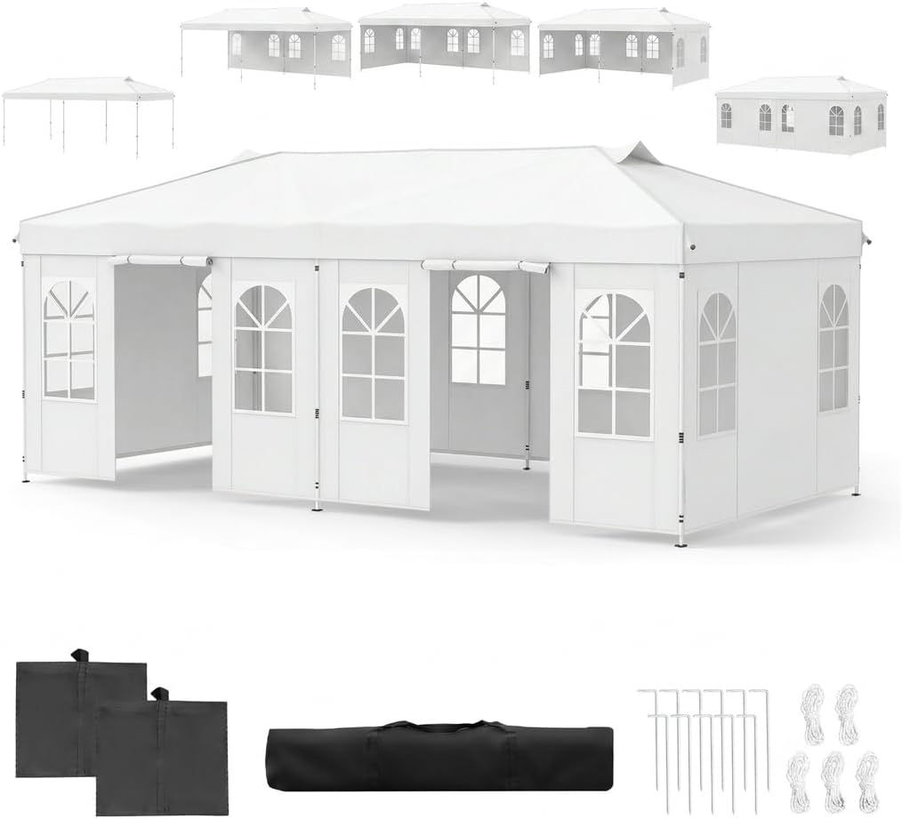 Tonnelle GOPLUS 3x6M, 596 × 299 cm, Pop-Up avec 6 Parois Amovibles, 101 × 60 cm, 10 cm, 268 cm, 180 cm, 4 mm, 16 cm, 3 niveaux, 3 × 6M, pliable