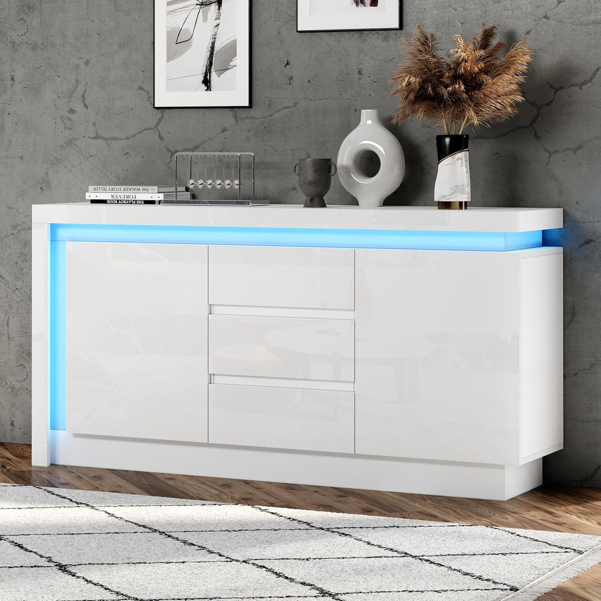 Commode, 140 cm, éclairage LED, armoire d'appoint pour salon, Merax, 140 × 35 × 72 cm, 2 portes, 3 tiroirs, réglable, portable