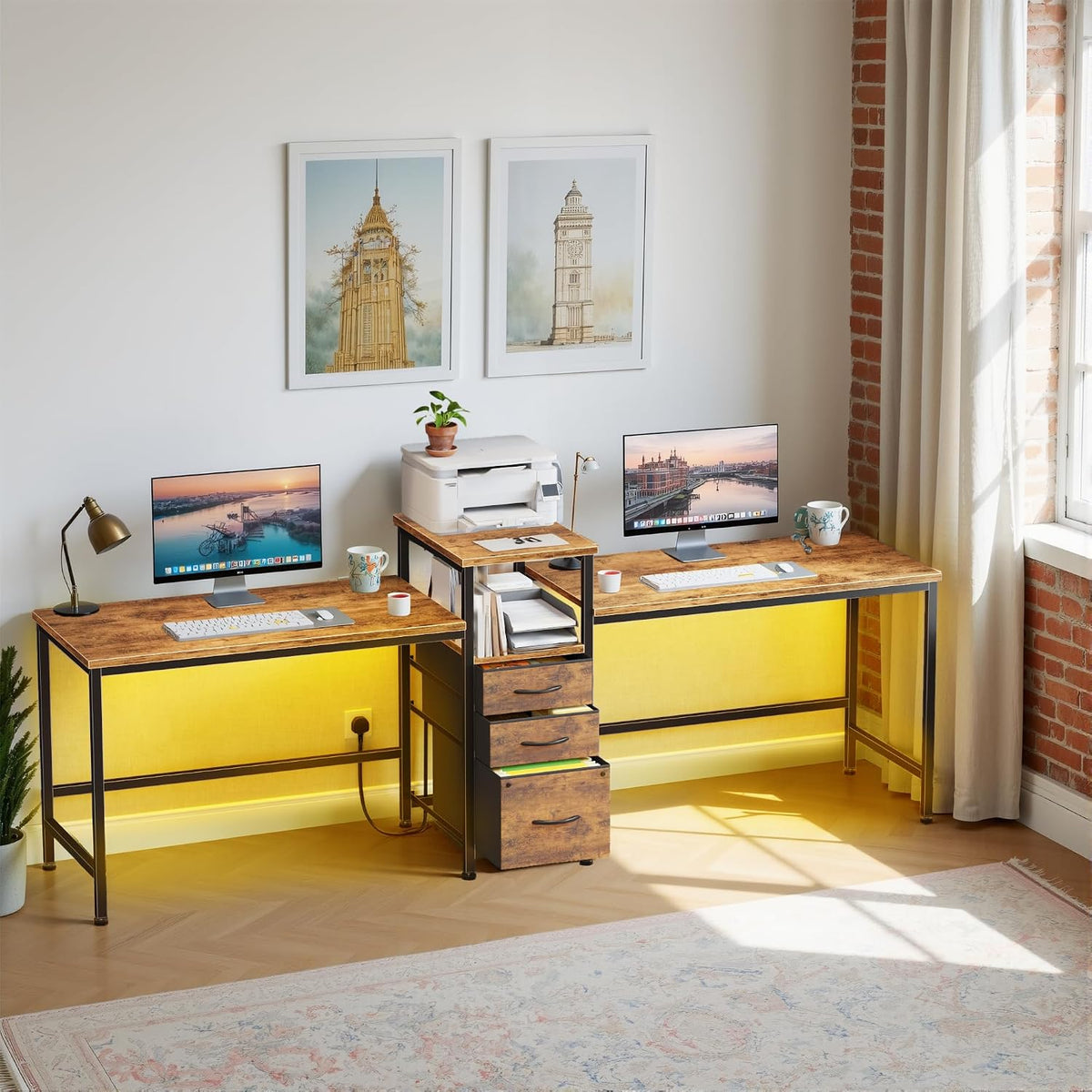 Bureau, 236 cm, éclairage LED, Bois Rustique, OYRREU, 236cm, 2 tiroirs, 1Tiroirs, 2Étagère, réglable, LED & Prise Intégrée