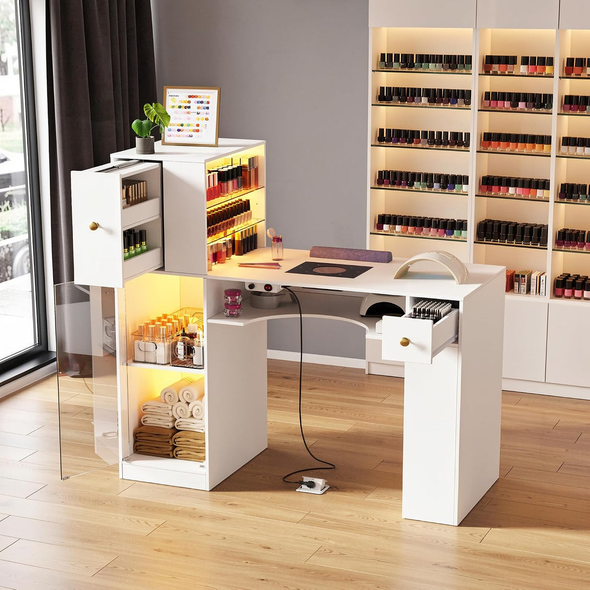 Table de manucure, 114.8 cm, Table Onglerie en Bois avec Lumières LED réglables, éclairage LED, Tables de manucure pour Salon de Beauté, MSFE