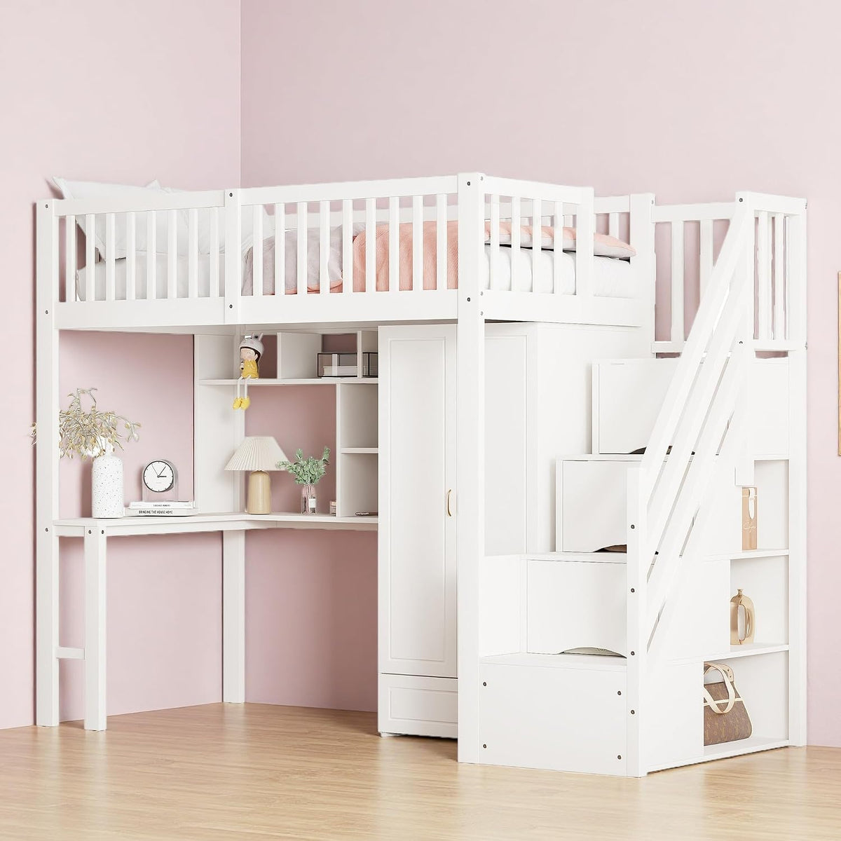 Lit Sapgaks 90x200, 251 × 96 × 180 cm, Blanc, Mezzanine escalier rangements