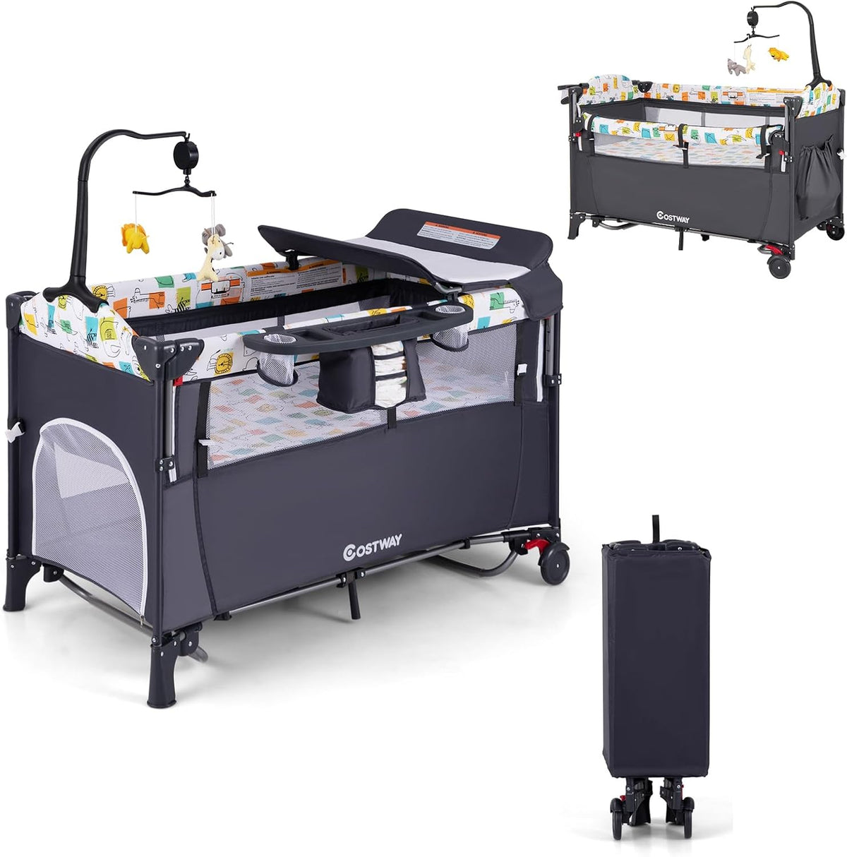 Lit COSTWAY, 15kg, réglable, 120 × 60 × 1, 7cm, 77, 5cm, 3 Jouets Suspendus & Boîte à Musique, Charge Max 15kg, 0-36 Mois, pliable