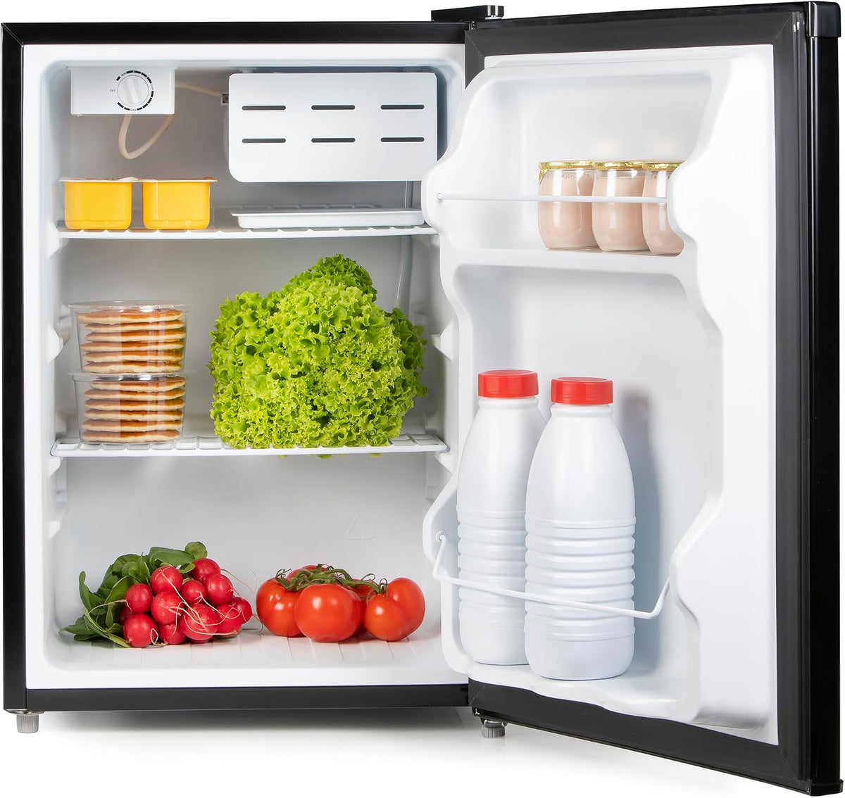 PRIMO PR155FR Réfrigérateur, 45 × 48 × 70 cm, 66L, 3°C, 2 étagères, Noir, porte réversible, Autonome