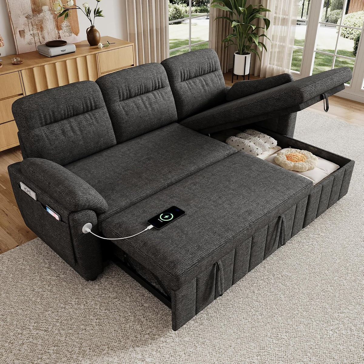 Canapé, 208 × 131 × 88 cm, USB de type C, Merax, méridienne interchangeable, accoudoirs