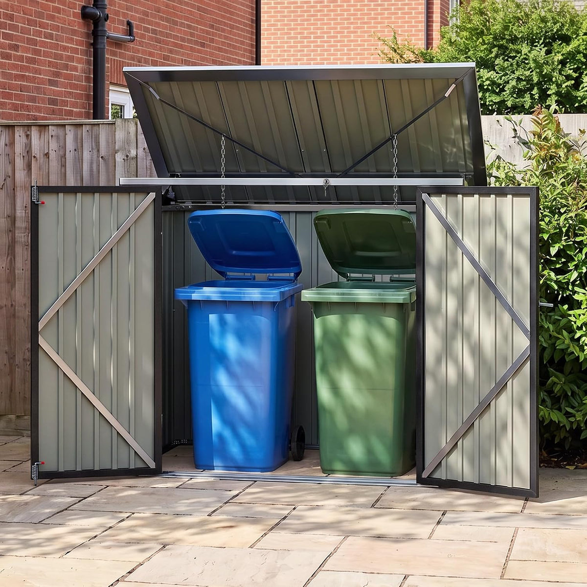 Abri pour poubelles, Acier Galvanisé Imperméable, Cache Poubelle 2 Bacs avec Toit Ouvrant, 158 × 105 × 133 cm, Blishom, 0, 23 mm, Gris