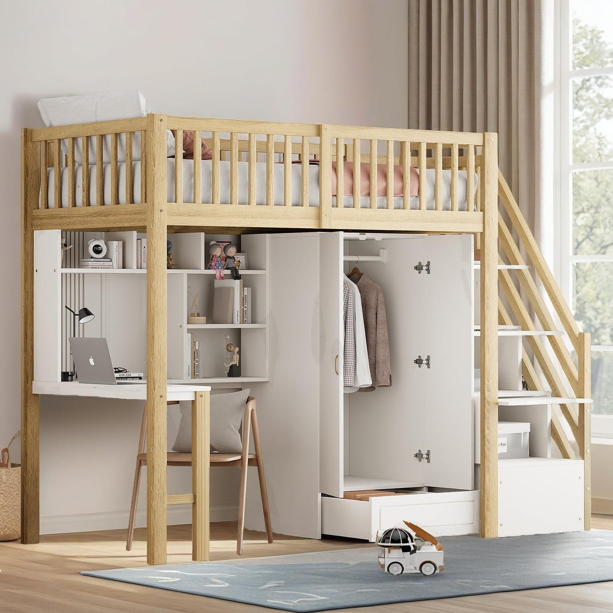 Lit, 251 × 96 × 180 cm, Bois Blanc, Sapgaks, Mezzanine escalier rangements